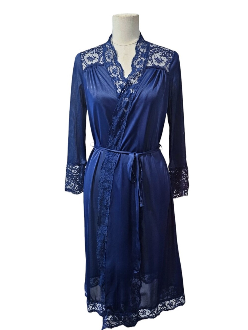 Olga Navy Blue Satin Lace-Trim Robe Size S
